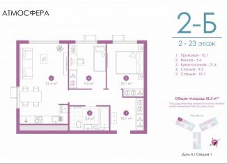 Продам 2-комнатную квартиру, 56 м2, Астрахань, улица Бехтерева, 12/4, ЖК Атмосфера