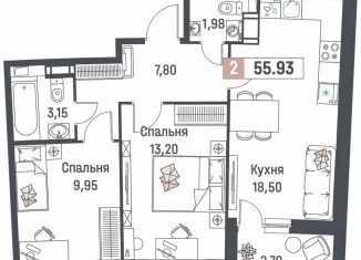 2-комнатная квартира на продажу, 55.9 м2, Мурино, ЖК Авиатор