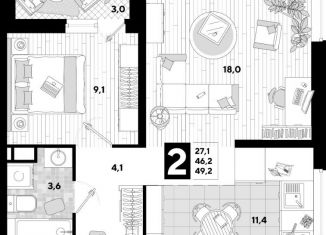 Продажа 2-ком. квартиры, 49.2 м2, Краснодар, ЖК Самолёт-3