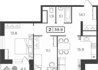 2-ком. квартира на продажу, 59.9 м2, Тюмень, ЖК Горизонт