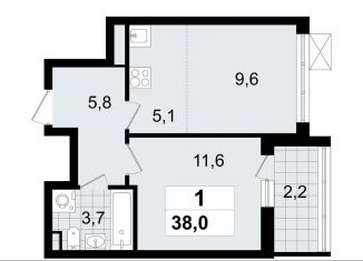 Продаю 2-комнатную квартиру, 38 м2, Всеволожск, микрорайон Южный, 3.2