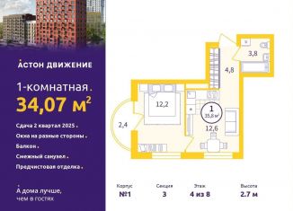 Продам 1-комнатную квартиру, 34.1 м2, Екатеринбург, Проходной переулок, 1А, Железнодорожный район