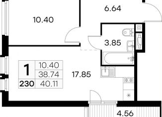 Продам 1-ком. квартиру, 40.1 м2, посёлок Парголово