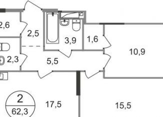 2-комнатная квартира на продажу, 62.3 м2, Москва