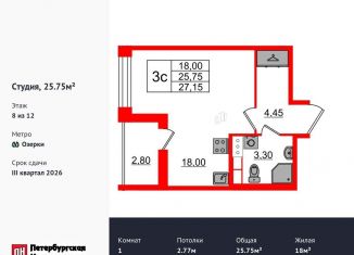 Продается квартира студия, 25.8 м2, Санкт-Петербург, метро Озерки