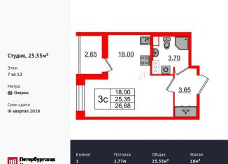 Продажа квартиры студии, 25.4 м2, Санкт-Петербург, метро Проспект Просвещения