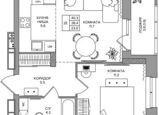 Продаю 2-комнатную квартиру, 40.3 м2, деревня Кондратово