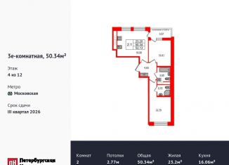 Продажа 2-комнатной квартиры, 50.3 м2, Санкт-Петербург, метро Московская, Кубинская улица, 78к2