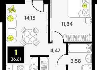 1-комнатная квартира на продажу, 36.6 м2, Тюмень, улица Первооткрывателей, 15, Калининский округ