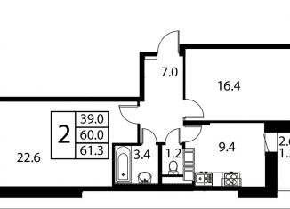2-ком. квартира на продажу, 61.3 м2, Домодедово
