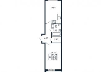 Продам 1-комнатную квартиру, 42.5 м2, Мурино