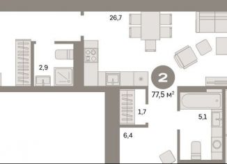 2-ком. квартира на продажу, 77.5 м2, Свердловская область, улица Пехотинцев, 2Д