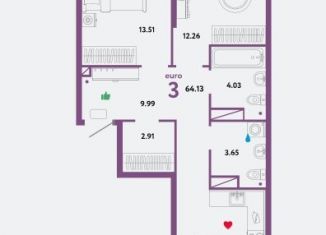 3-ком. квартира на продажу, 64.1 м2, Тюмень, ЖК Колумб, жилой комплекс Колумб, 568