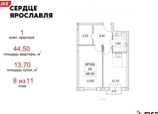 Продаю 1-комнатную квартиру, 44.5 м2, Ярославль, Кировский район