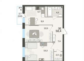 Продаю трехкомнатную квартиру, 58.4 м2, Пермь