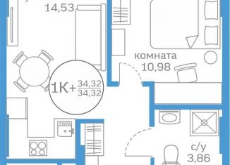 1-комнатная квартира на продажу, 34.3 м2, Тюмень