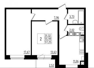 Продается двухкомнатная квартира, 57.3 м2, Ленинградская область