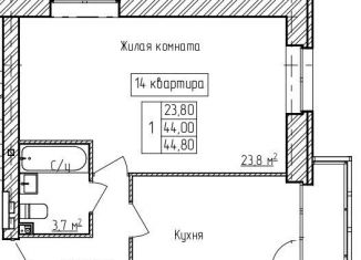 1-комнатная квартира на продажу, 44.8 м2, деревня Карабиха