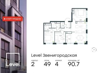 Четырехкомнатная квартира на продажу, 90.7 м2, Москва, СЗАО, жилой комплекс Левел Звенигородская, к2