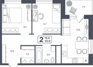 Продаю 2-ком. квартиру, 50.8 м2, Тюмень