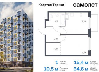 Продается однокомнатная квартира, 34.6 м2, Ленинградская область, жилой комплекс Квартал Торики, к1.1