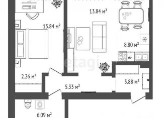 Продается 1-комнатная квартира, 54 м2, посёлок Московский