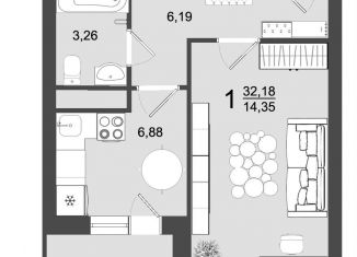 1-комнатная квартира на продажу, 32.2 м2, Клин