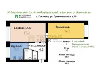 Продается 2-комнатная квартира, 44.8 м2, Грязовец, Привокзальная улица