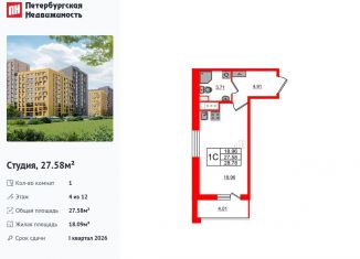 Продается квартира студия, 27.6 м2, Санкт-Петербург, Приморский район