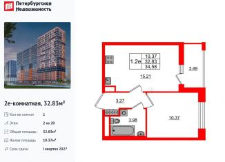 Продам однокомнатную квартиру, 32.8 м2, деревня Новосаратовка