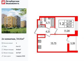 Продается 1-комнатная квартира, 34.8 м2, Санкт-Петербург, муниципальный округ Коломяги