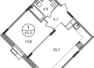 Продаю однокомнатную квартиру, 43.3 м2, Московская область