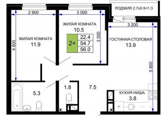 Продаю двухкомнатную квартиру, 56 м2, Краснодар, ЖК Дыхание