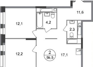 2-комнатная квартира на продажу, 59.5 м2, Московский