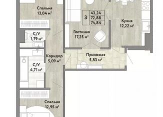 Продается трехкомнатная квартира, 74.8 м2, Хабаровский край, улица Груднова, 1к2