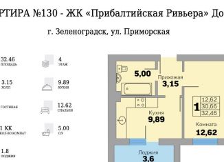 Продажа 1-комнатной квартиры, 33 м2, Зеленоградск, Приморская улица, 13С, ЖК Прибалтийская ривьера