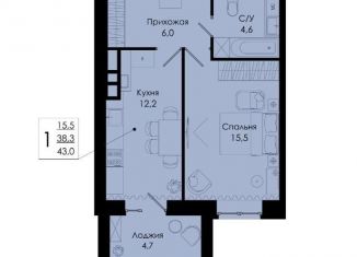 Однокомнатная квартира на продажу, 43 м2, деревня Киселёвка, Изумрудная улица, 10