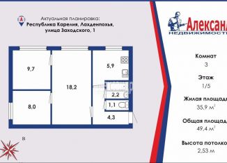 Продается 3-ком. квартира, 49.4 м2, Карелия, улица Заходского, 1