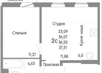 Двухкомнатная квартира на продажу, 36.5 м2, Челябинск, Нефтебазовая улица, 1к2, Советский район