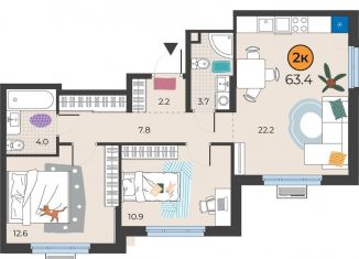 Продается двухкомнатная квартира, 63.4 м2, Тюмень, Восточный округ, улица Эльвиры Федоровой, 3