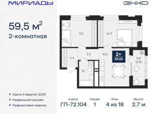 Продаю 2-ком. квартиру, 59.5 м2, Тюмень, Ленинский округ