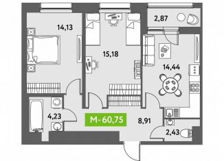 Продажа 2-комнатной квартиры, 60.8 м2, Санкт-Петербург, метро Звёздная