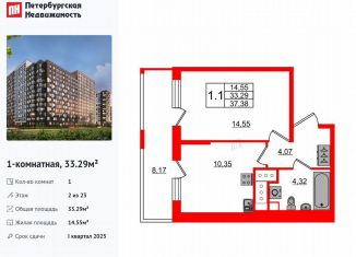 1-комнатная квартира на продажу, 33.3 м2, Санкт-Петербург, метро Проспект Большевиков, Октябрьская набережная, 3соор1