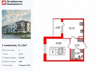 Продаю 1-ком. квартиру, 31.2 м2, Санкт-Петербург, муниципальный округ Пулковский Меридиан