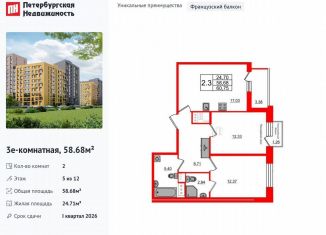 Продаю 2-комнатную квартиру, 58.7 м2, Санкт-Петербург, Приморский район