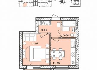 Продам 1-комнатную квартиру, 36.4 м2, Воронежская область