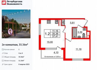 Продам 1-ком. квартиру, 35.4 м2, посёлок Шушары