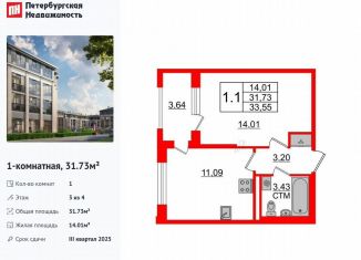 Продажа однокомнатной квартиры, 31.7 м2, посёлок Стрельна