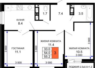 Продается 2-комнатная квартира, 55.2 м2, Краснодар, ЖК Дыхание