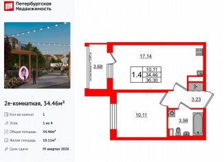 Продаю 1-комнатную квартиру, 34.5 м2, посёлок Шушары